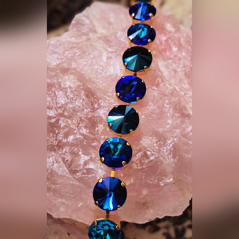 Industrial Cobalt Blue Crystals In Classic Tennis Bracelet In Gold Plated
